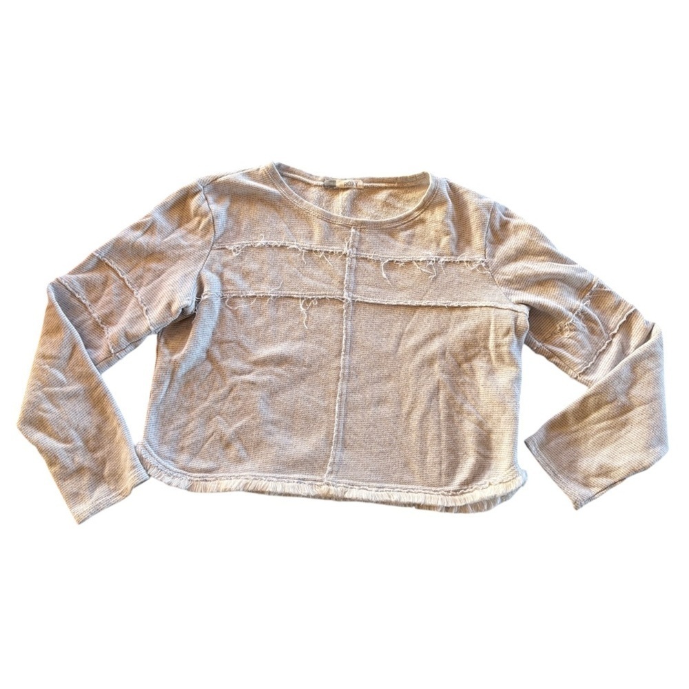 Roxy White Grey Beige Long Sleeve Boho Cropped Frayed Sweater size L